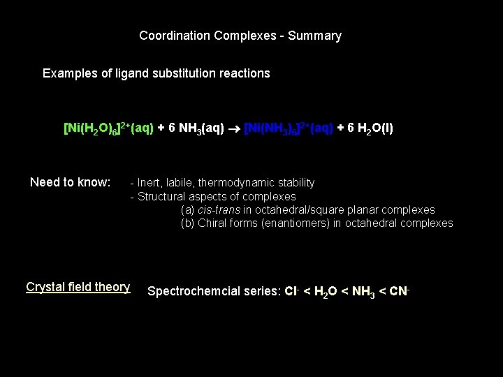 Coordination Complexes - Summary Examples of ligand substitution reactions [Ni(H 2 O)6]2+(aq) + 6