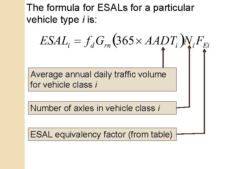 The formula for ESALs for a particular vehicle type i is: Average annual daily The formula for ESALs for a particular vehicle type i is: Average annual daily