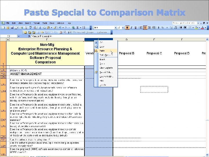 Paste Special to Comparison Matrix 