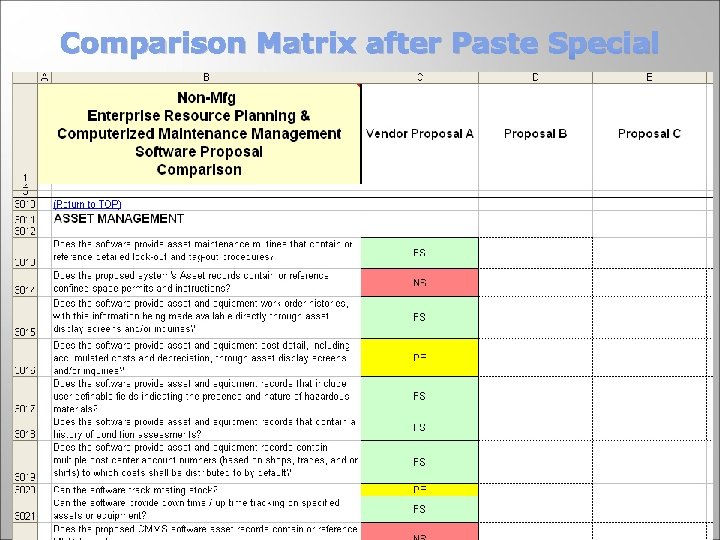 Comparison Matrix after Paste Special 