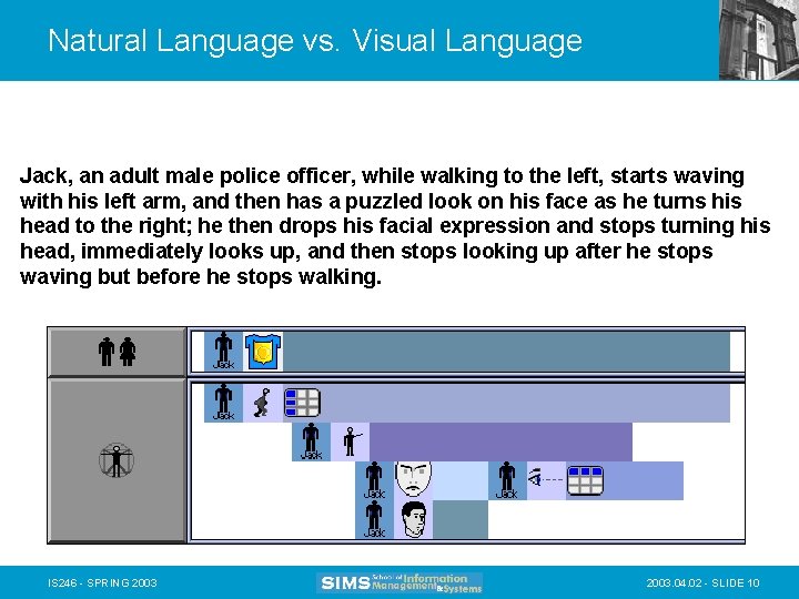 Natural Language vs. Visual Language Jack, an adult male police officer, while walking to