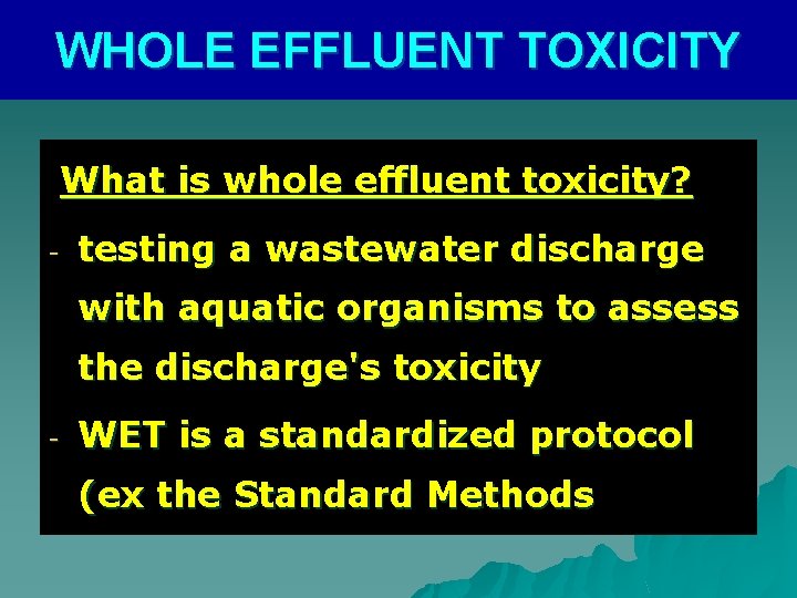 WHOLE EFFLUENT TOXICITY What is whole effluent toxicity? - testing a wastewater discharge with