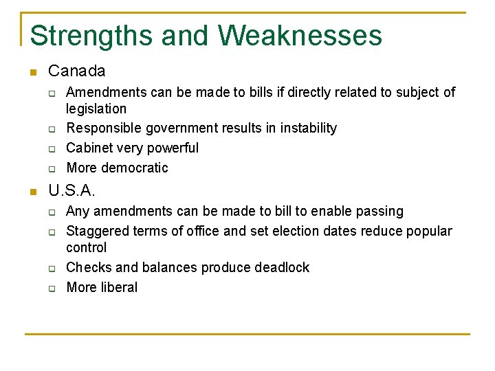 Strengths and Weaknesses n Canada q q n Amendments can be made to bills