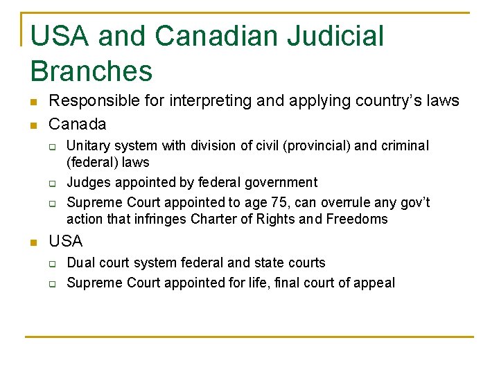 USA and Canadian Judicial Branches n n Responsible for interpreting and applying country’s laws