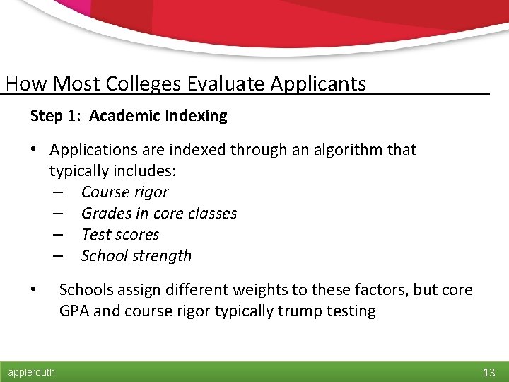 How Most Colleges Evaluate Applicants Step 1: Academic Indexing • Applications are indexed through