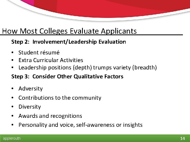 How Most Colleges Evaluate Applicants Step 2: Involvement/Leadership Evaluation • Student résumé • Extra