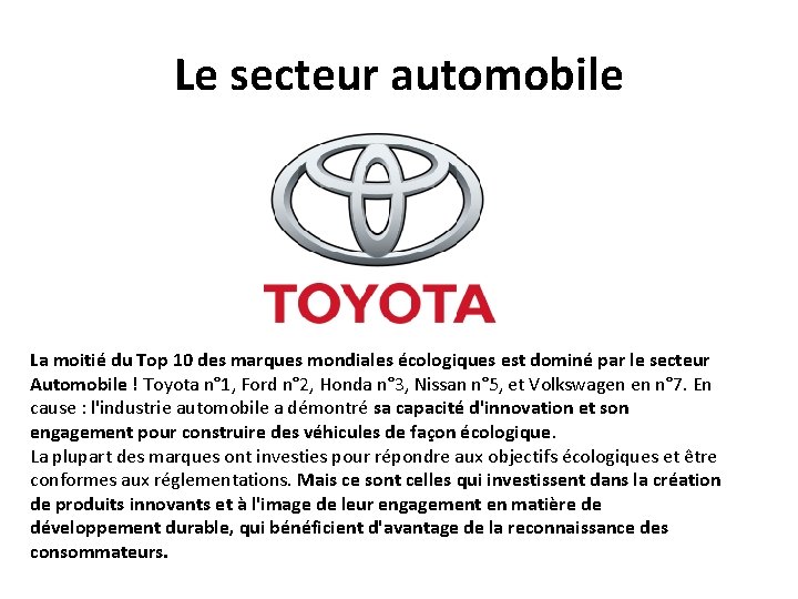 Le secteur automobile La moitié du Top 10 des marques mondiales écologiques est dominé
