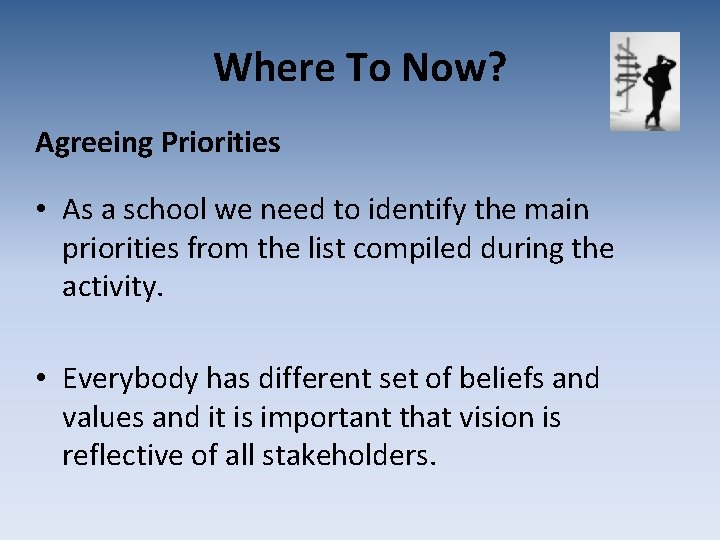 Where To Now? Agreeing Priorities • As a school we need to identify the