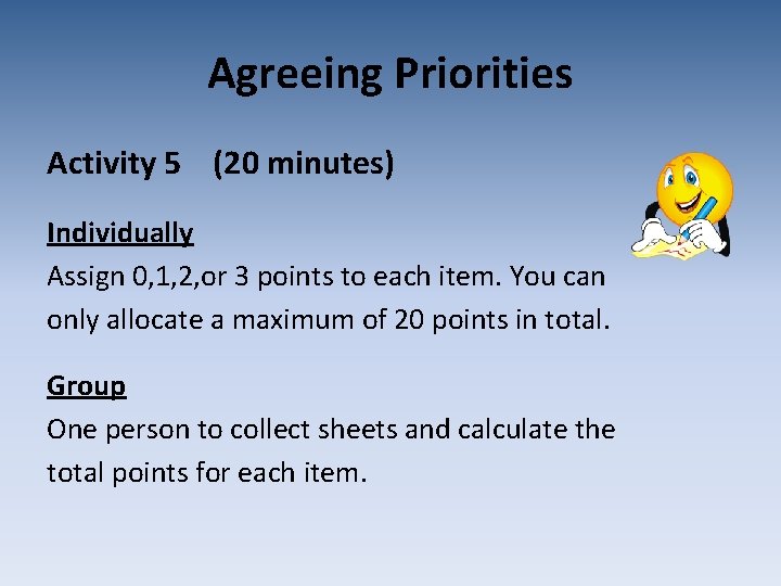 Agreeing Priorities Activity 5 (20 minutes) Individually Assign 0, 1, 2, or 3 points