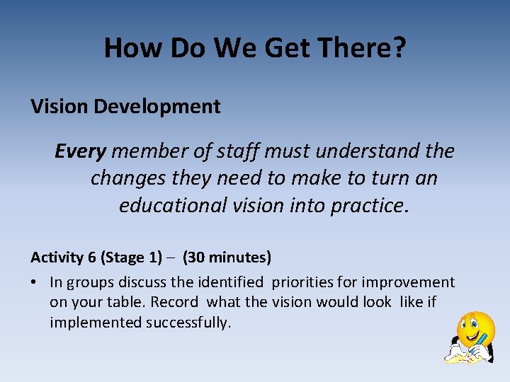 How Do We Get There? Vision Development Every member of staff must understand the