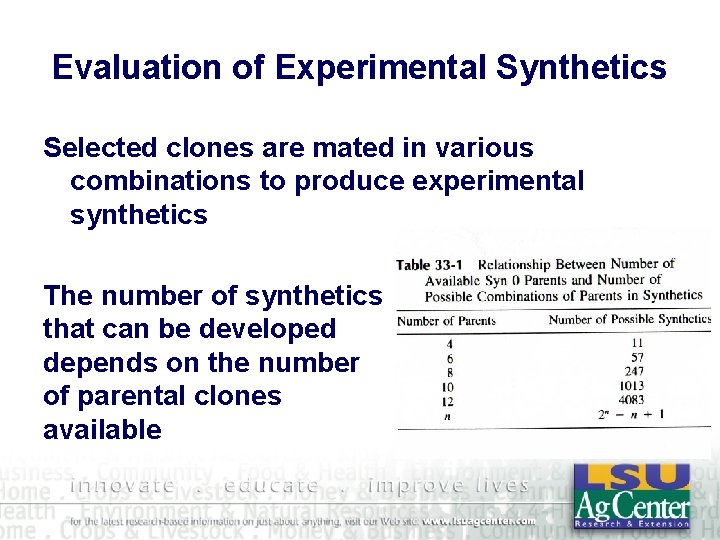 Evaluation of Experimental Synthetics Selected clones are mated in various combinations to produce experimental