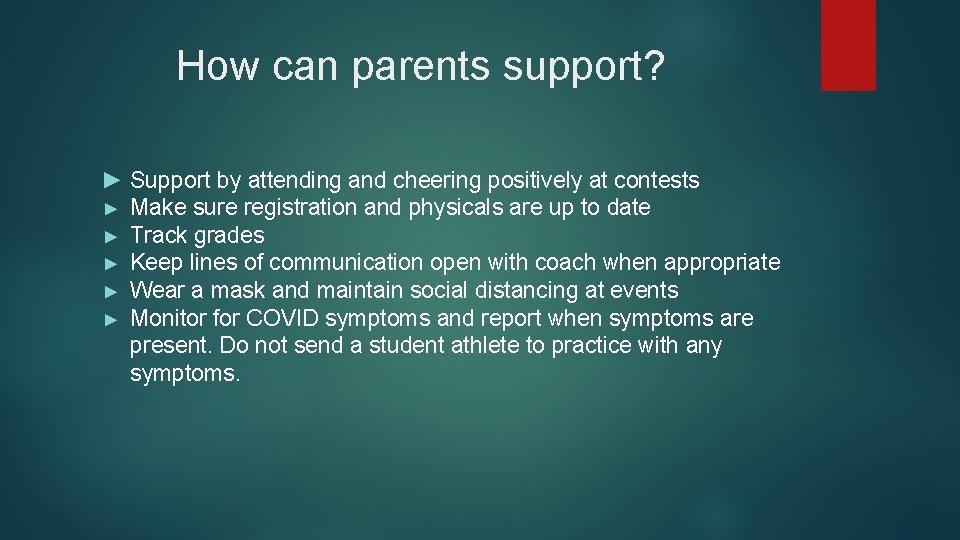How can parents support? ► Support by attending and cheering positively at contests ►