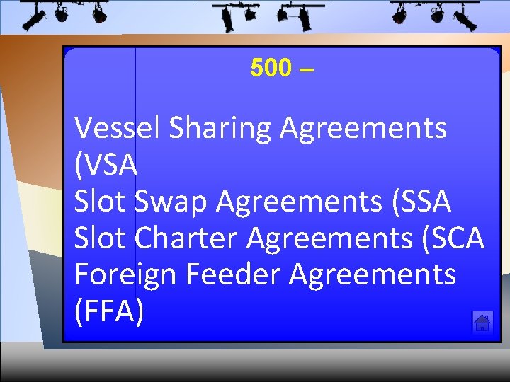 500 – Vessel Sharing Agreements (VSA Slot Swap Agreements (SSA Slot Charter Agreements (SCA