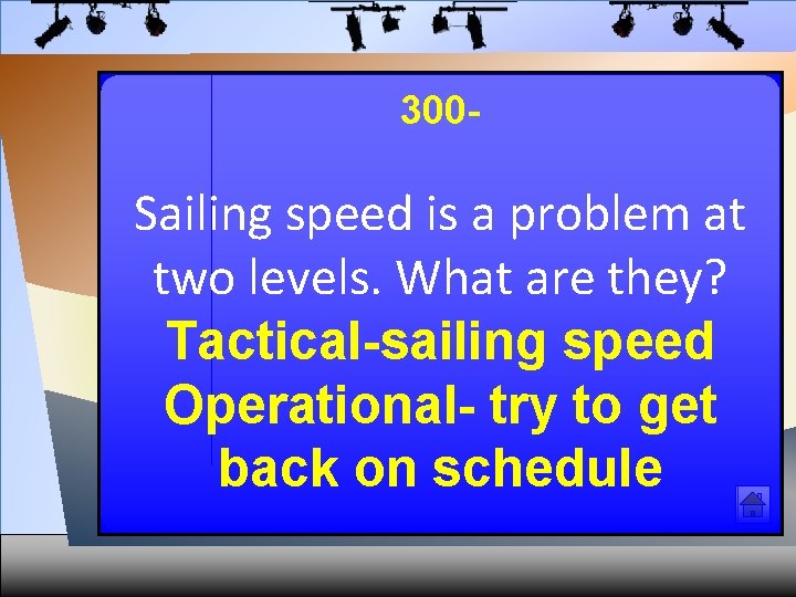 300 - Sailing speed is a problem at two levels. What are they? Tactical-sailing