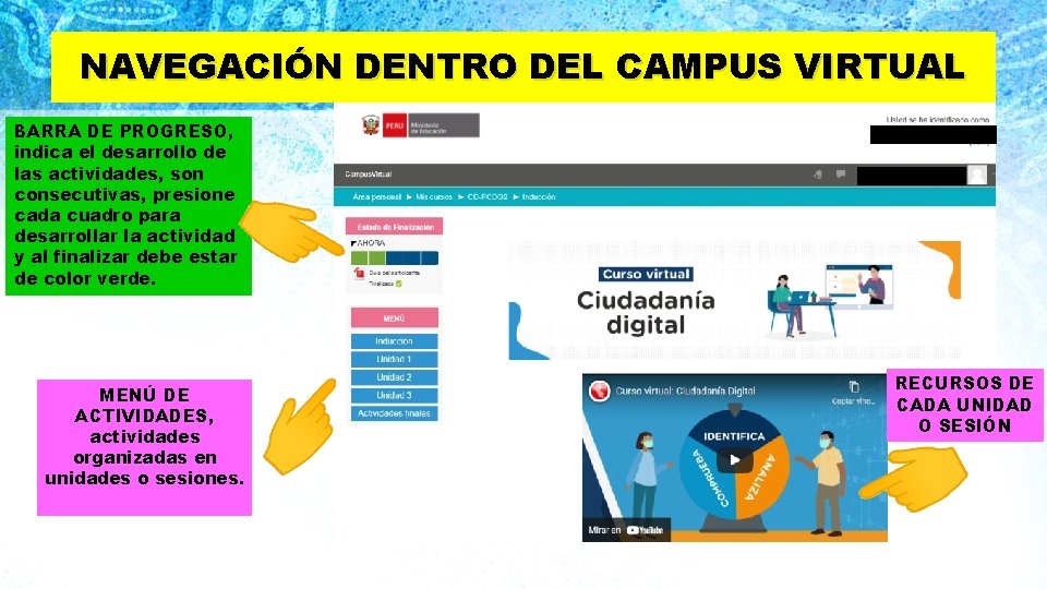 NAVEGACIÓN DENTRO DEL CAMPUS VIRTUAL BARRA DE PROGRESO, indica el desarrollo de las actividades,