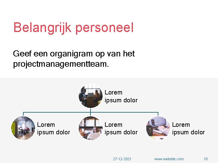 Belangrijk personeel Geef een organigram op van het projectmanagementteam. Lorem ipsum dolor 27 -12