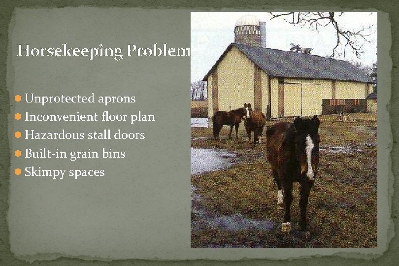 Horsekeeping Problems l Unprotected aprons l Inconvenient floor plan l Hazardous stall doors l