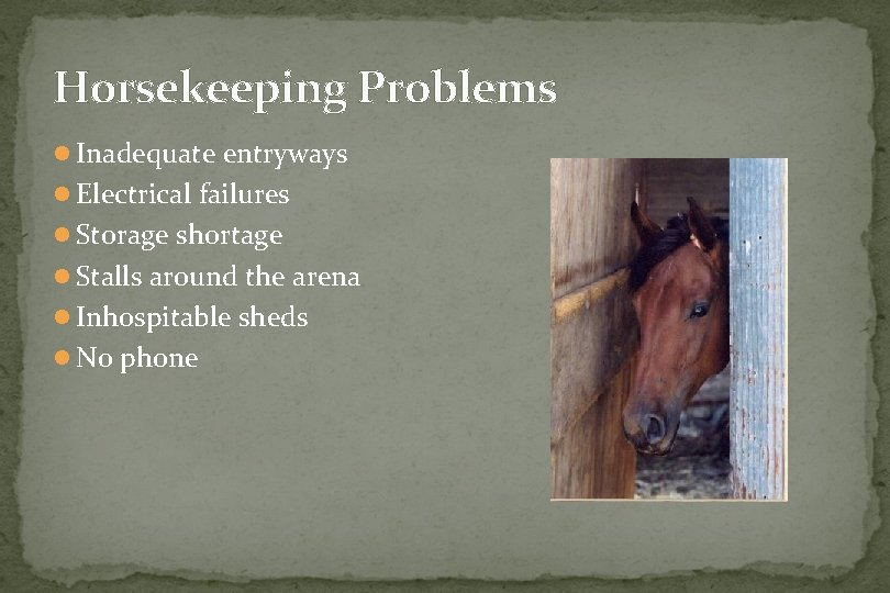 Horsekeeping Problems l Inadequate entryways l Electrical failures l Storage shortage l Stalls around