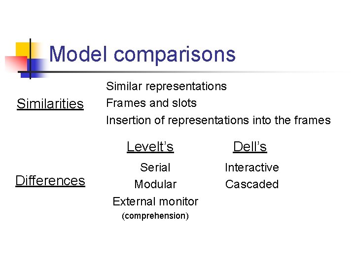 Model comparisons Similarities Similar representations Frames and slots Insertion of representations into the frames