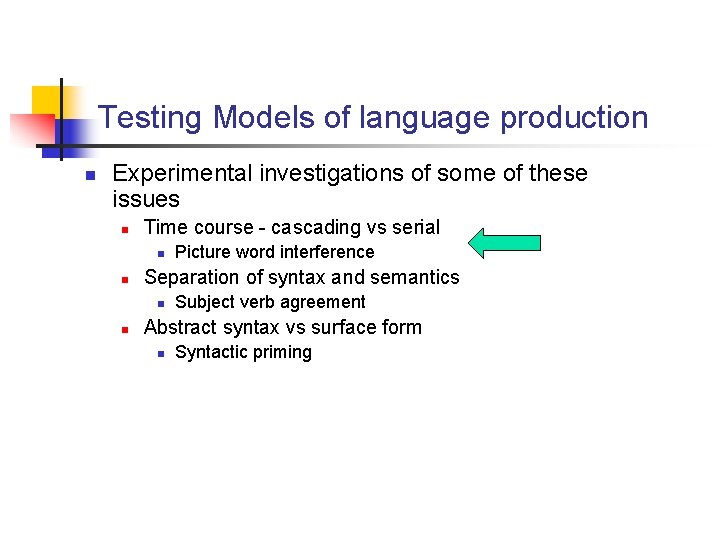 Testing Models of language production n Experimental investigations of some of these issues n