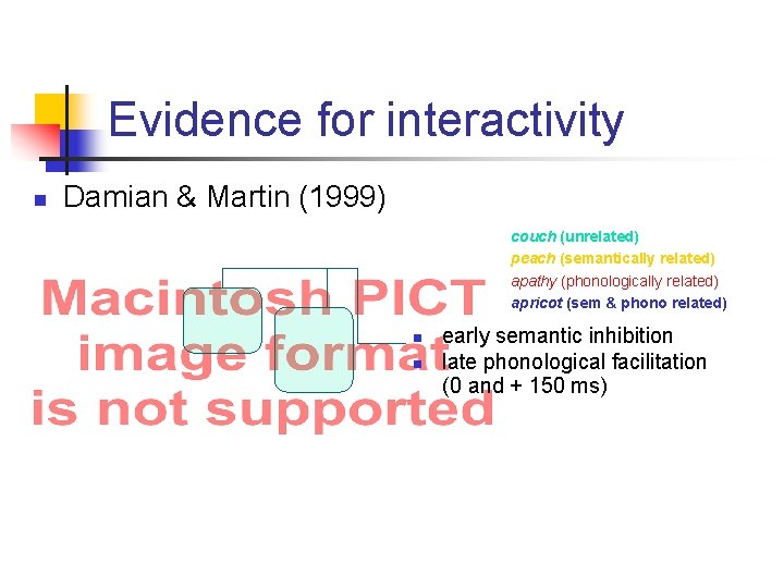 Evidence for interactivity n Damian & Martin (1999) couch (unrelated) peach (semantically related) apathy