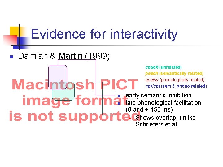 Evidence for interactivity n Damian & Martin (1999) couch (unrelated) peach (semantically related) apathy
