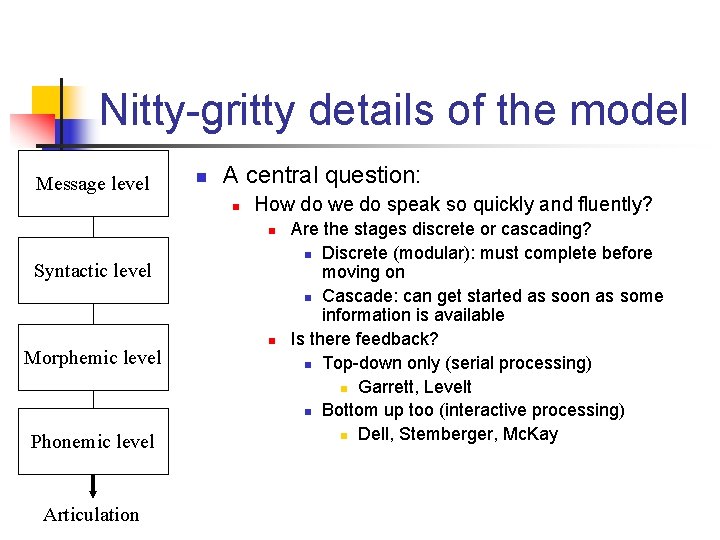 Nitty-gritty details of the model Message level n A central question: n How do