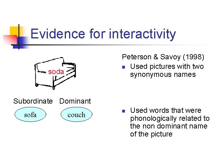 Evidence for interactivity Peterson & Savoy (1998) n Used pictures with two synonymous names