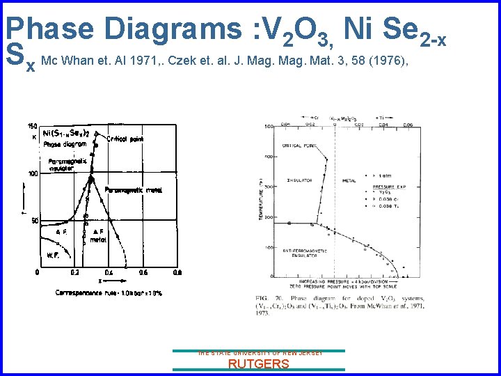 Phase Diagrams : V 2 O 3, Ni Se 2 -x Sx Mc Whan