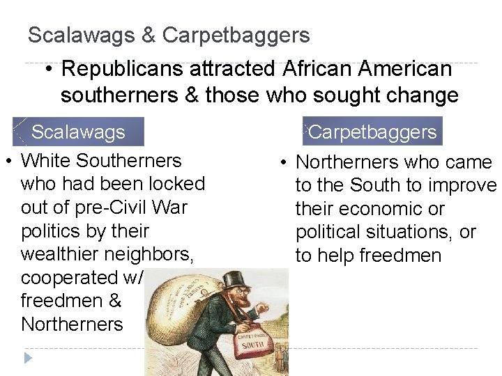 Scalawags & Carpetbaggers • Republicans attracted African American southerners & those who sought change