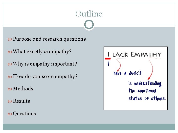 Outline Purpose and research questions What exactly is empathy? Why is empathy important? How