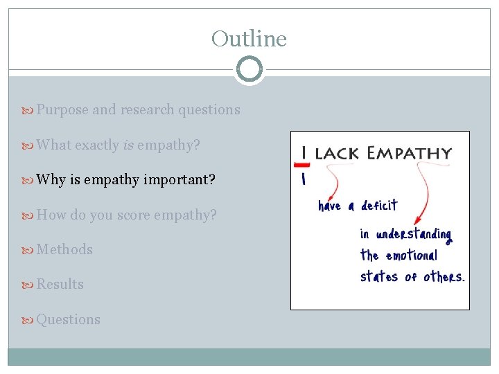 Outline Purpose and research questions What exactly is empathy? Why is empathy important? How