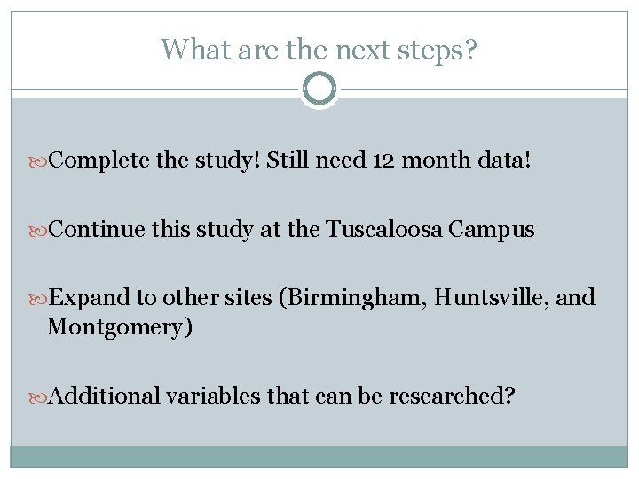 What are the next steps? Complete the study! Still need 12 month data! Continue