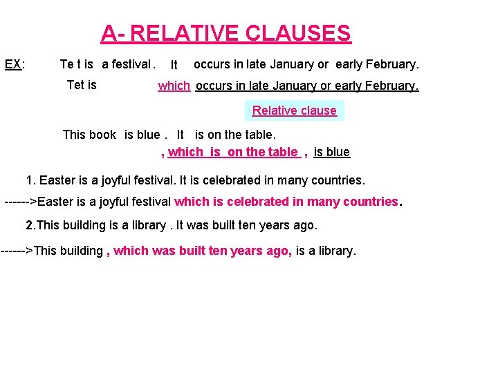 A- RELATIVE CLAUSES EX: Te t is a festival. Tet is It occurs in