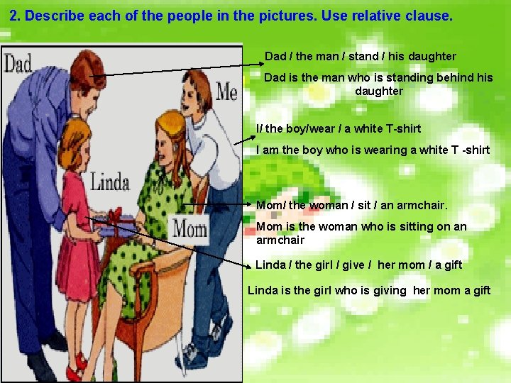 2. Describe each of the people in the pictures. Use relative clause. Dad /