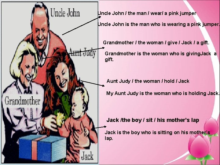 Uncle John / the man / wear/ a pink jumper Uncle John is the