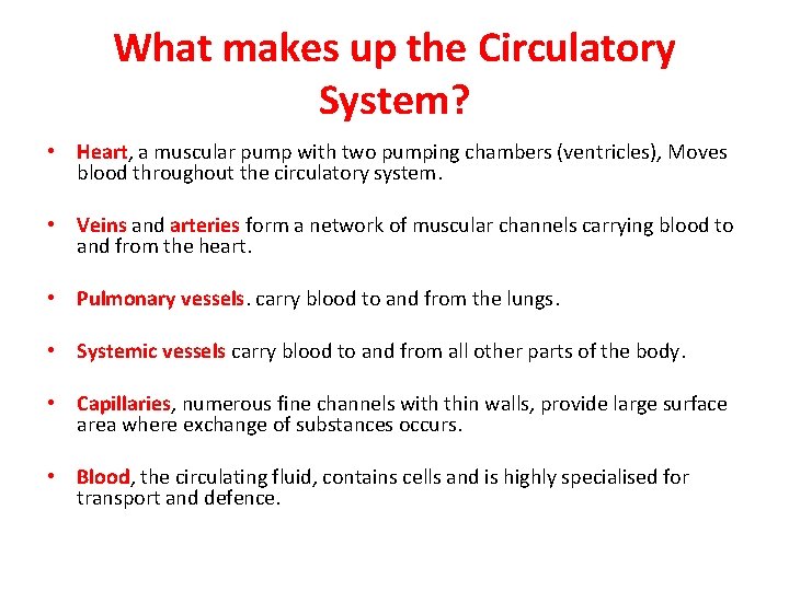 What makes up the Circulatory System? • Heart, a muscular pump with two pumping
