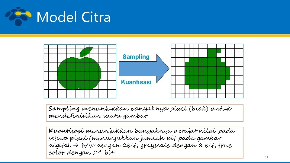 Model Citra Sampling Kuantisasi Sampling menunjukkan banyaknya pixel (blok) untuk mendefinisikan suatu gambar Kuantisasi