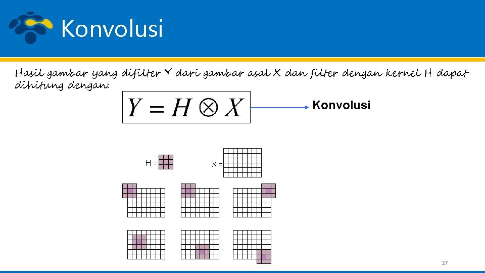 Konvolusi Hasil gambar yang difilter Y dari gambar asal X dan filter dengan kernel