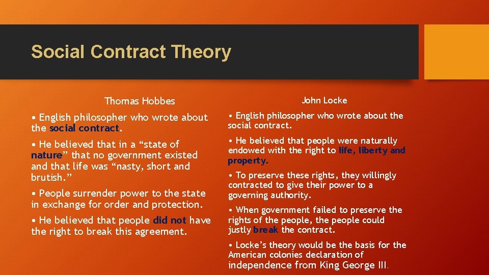 Social Contract Theory Thomas Hobbes John Locke • English philosopher who wrote about the