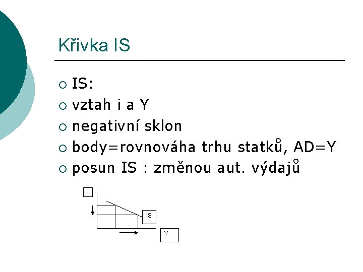 Křivka IS IS: ¡ vztah i a Y ¡ negativní sklon ¡ body=rovnováha trhu