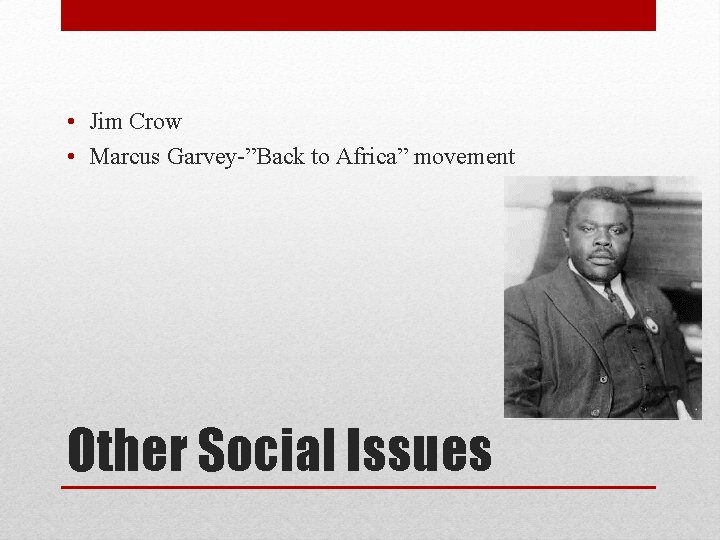  • Jim Crow • Marcus Garvey-”Back to Africa” movement Other Social Issues 