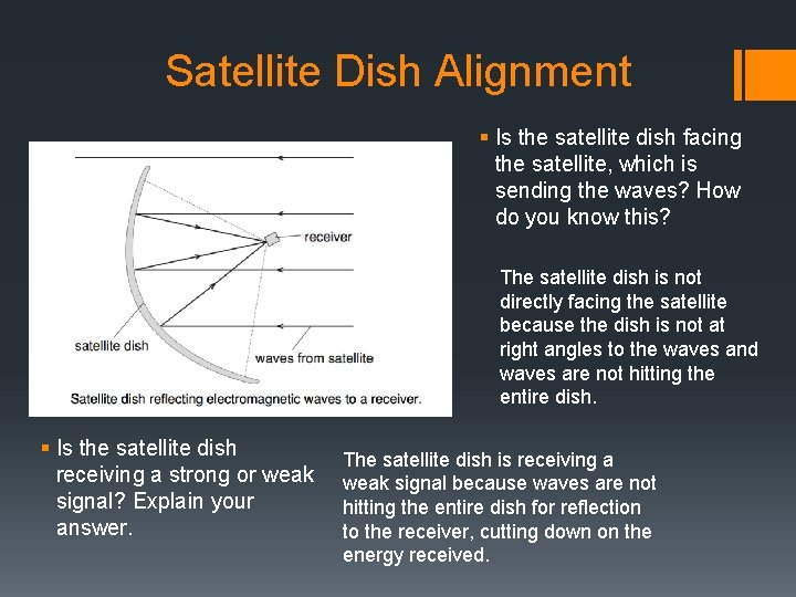 Satellite Dish Alignment § Is the satellite dish facing the satellite, which is sending Satellite Dish Alignment § Is the satellite dish facing the satellite, which is sending