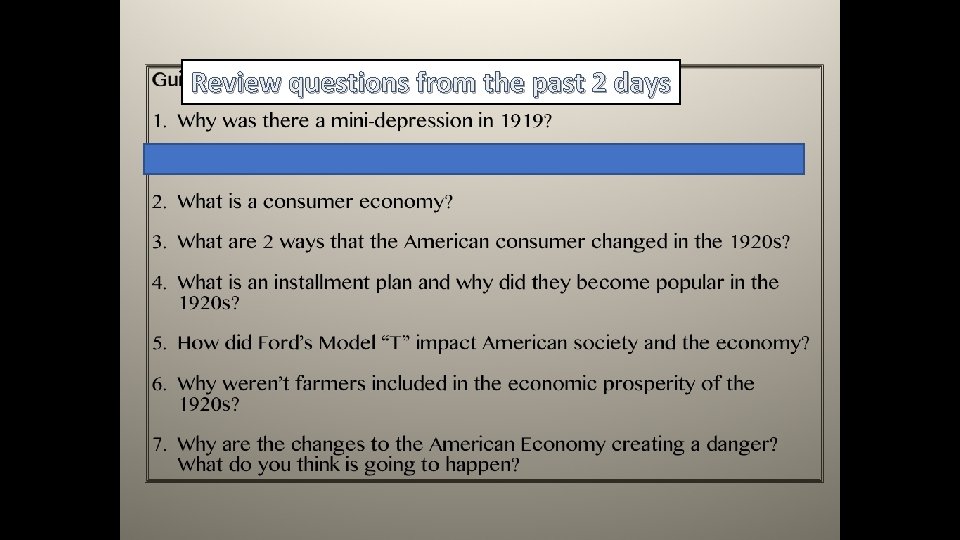 Review questions from the past 2 days 