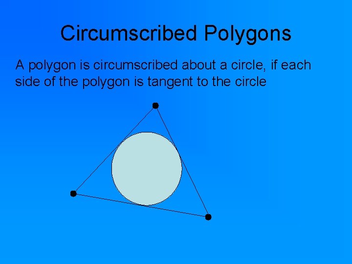 Circumscribed Polygons A polygon is circumscribed about a circle, if each side of the