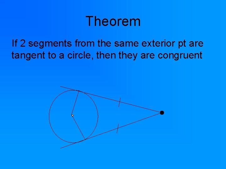 Theorem If 2 segments from the same exterior pt are tangent to a circle,