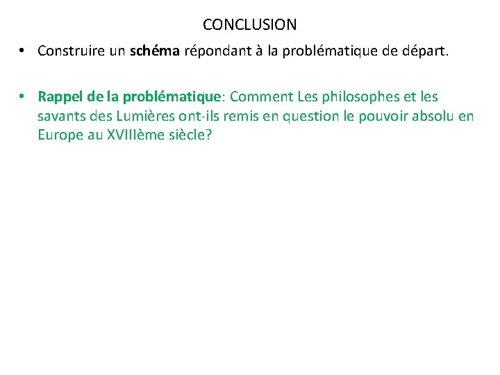 CONCLUSION • Construire un schéma répondant à la problématique de départ. • Rappel de