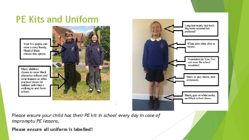 PE Kits and Uniform Please ensure your child has their PE kit in school