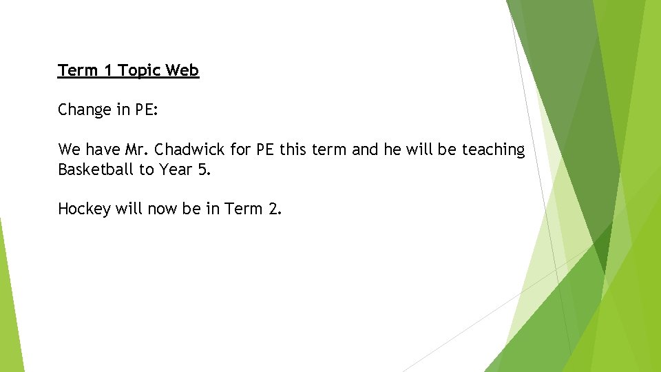 Term 1 Topic Web Change in PE: We have Mr. Chadwick for PE this