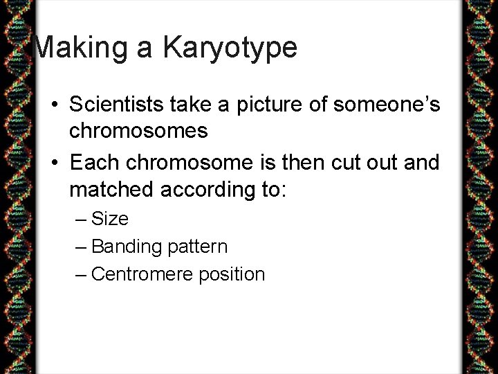 Making a Karyotype • Scientists take a picture of someone’s chromosomes • Each chromosome